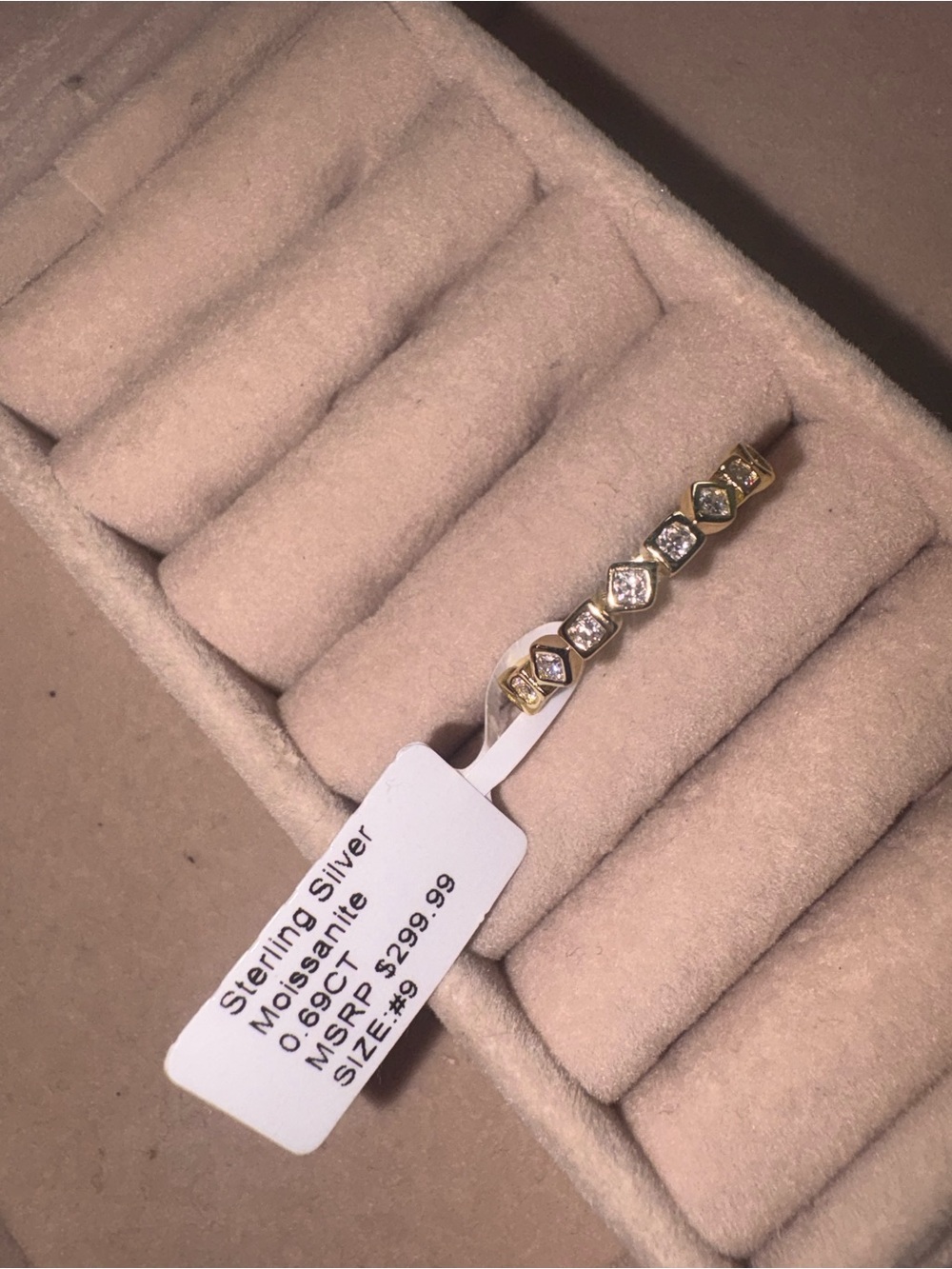 Sterling Silver Moissanite Hexagon Link Ring in Gold Tone - White Stones size 9